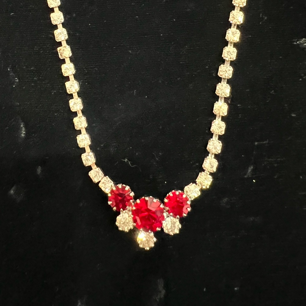 Vintage Eisenberg Ice Rhinestone Necklace with Clear and Red Rhinestones.